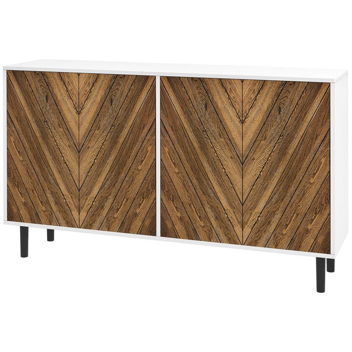 Sideboard Cabinet, Kitchen Hutch Cabinet with Adjustable Shelves, 4 Chevron Doors and Pine Wood Legs, Brown