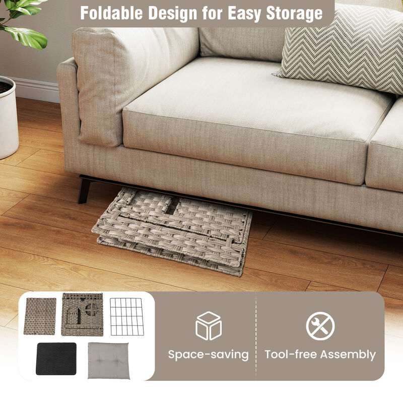 Rattan Cat Litter Box Enclosure, Foldable 2-Tier Design with Litter Mat-Grey image number 5