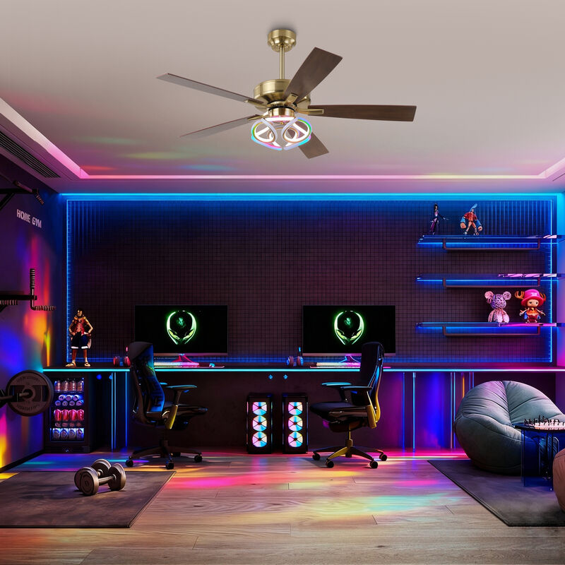 52 in. Modern Gold Dimmable Smart Ceiling Fan with RGB LED and APP Control, Remote