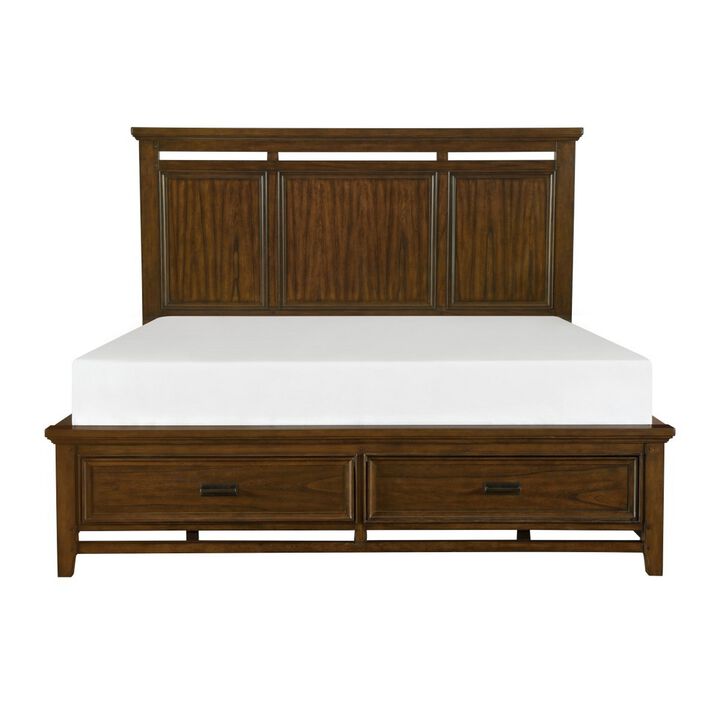 Zian Queen Platform Bed, 2 Drawers with Bar Handles, Brown Cherry Wood
