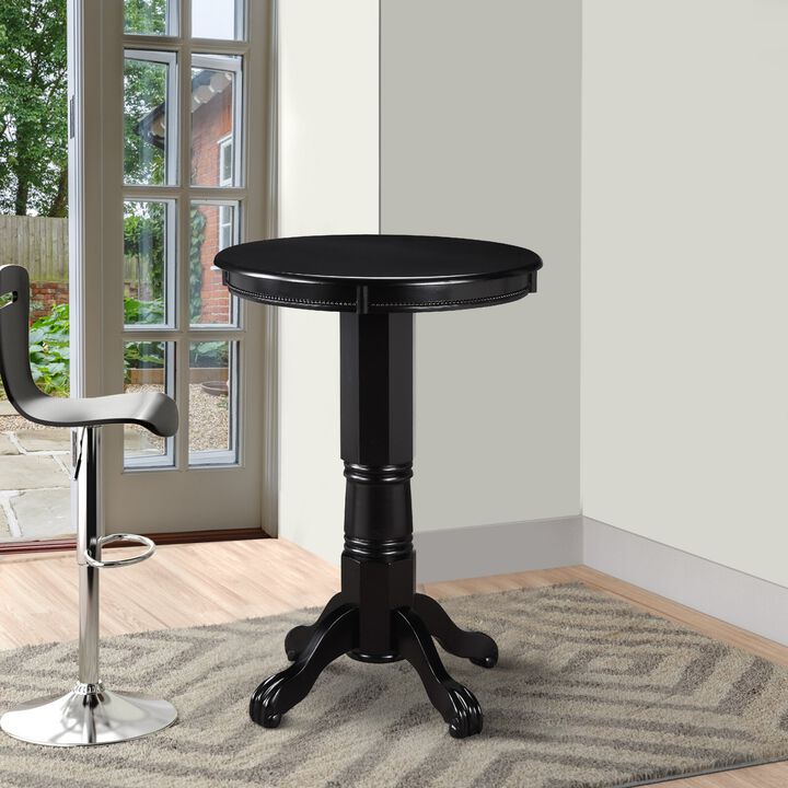 Ava 42 Inch Wood Pub Bar Table, Molded Trim, Carved Pedestal, Black