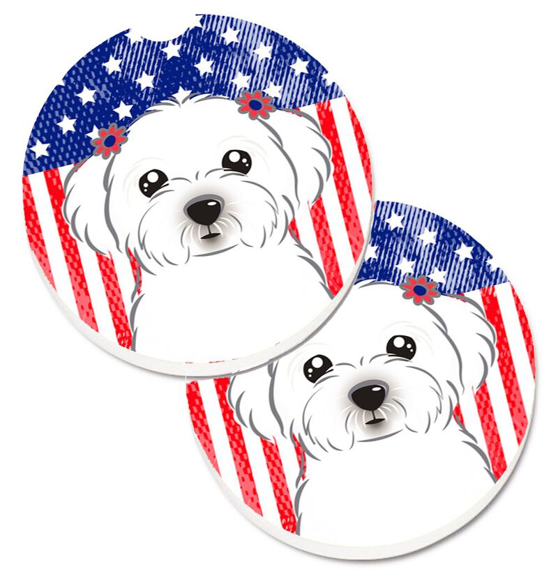 Caroline's Treasures American Flag & Maltese Set of 2 Cup Holder Car Coasters BB2138CARC, 2.56, Multicolor