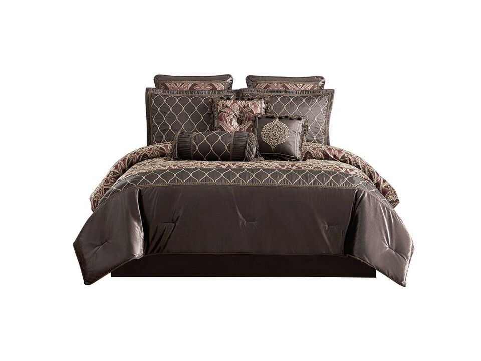 9 Piece Queen Comforter Set with Geometric Print, Brown - Benzara