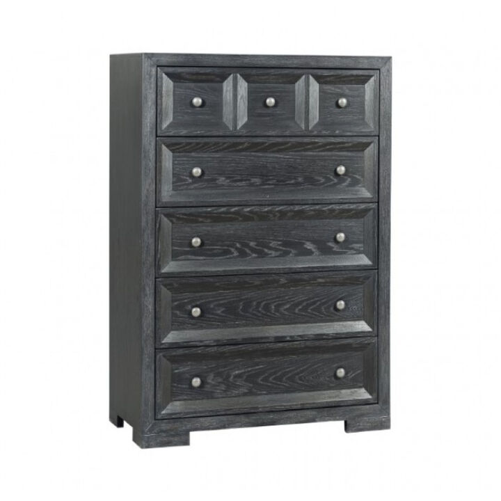 Kizie Tall Dresser Chest, 5 Drawers, Weathered Black Solid Rubberwood - Benzara