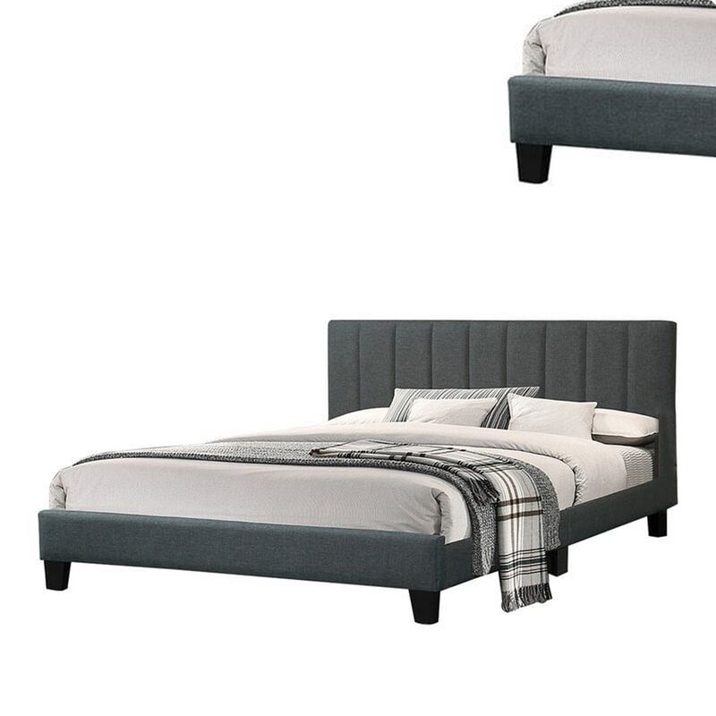 Eve Platform King Size Bed, Vertical Channel Tufting, Charcoal Upholstery - Benzara