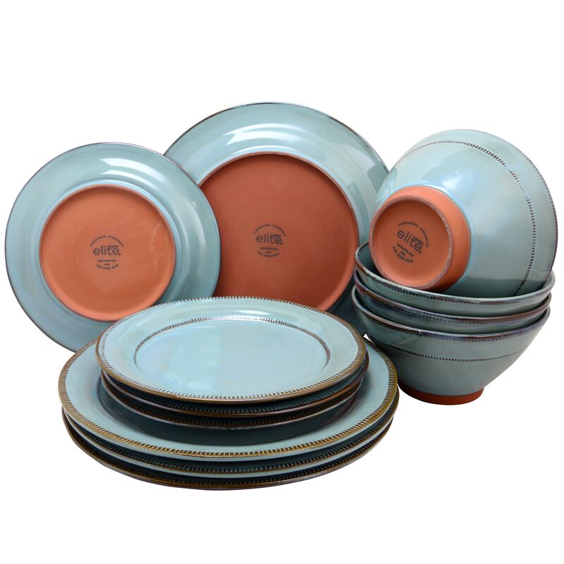 Gibson Elite Terranea 12 Piece Round Terracotta Dinnerware Set in Teal