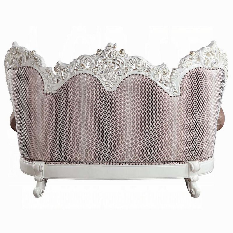 Kin Ornate Loveseat, 5 Accent Pillows, Tufted Tan, Antique White,  - Benzara - Benzara