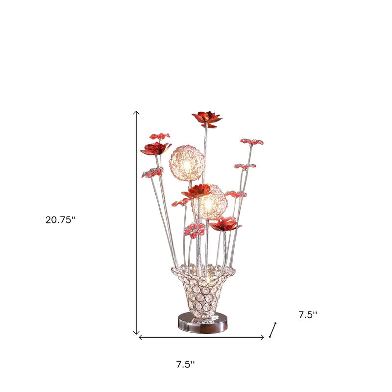 HomeRoots 21" Silver and Clear Metal and Faux Crystal Red Roses Bedside Lamp image number 4