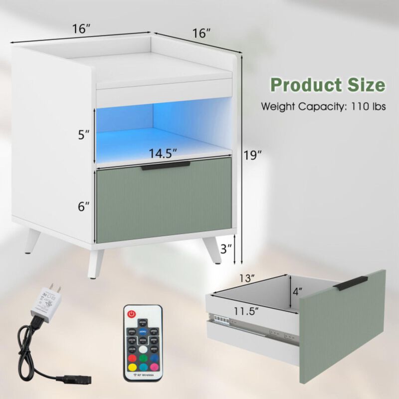 Hivvago Modern Nightstand with LED Lights Sliding Drawer and Open Compartment