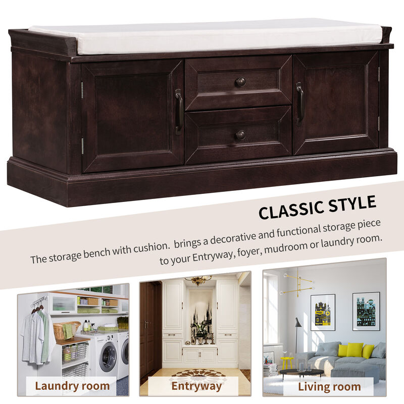 Storage Bench With 2 Drawers And 2 Cabinets, Shoe Bench With Removable Cushion For Living Room