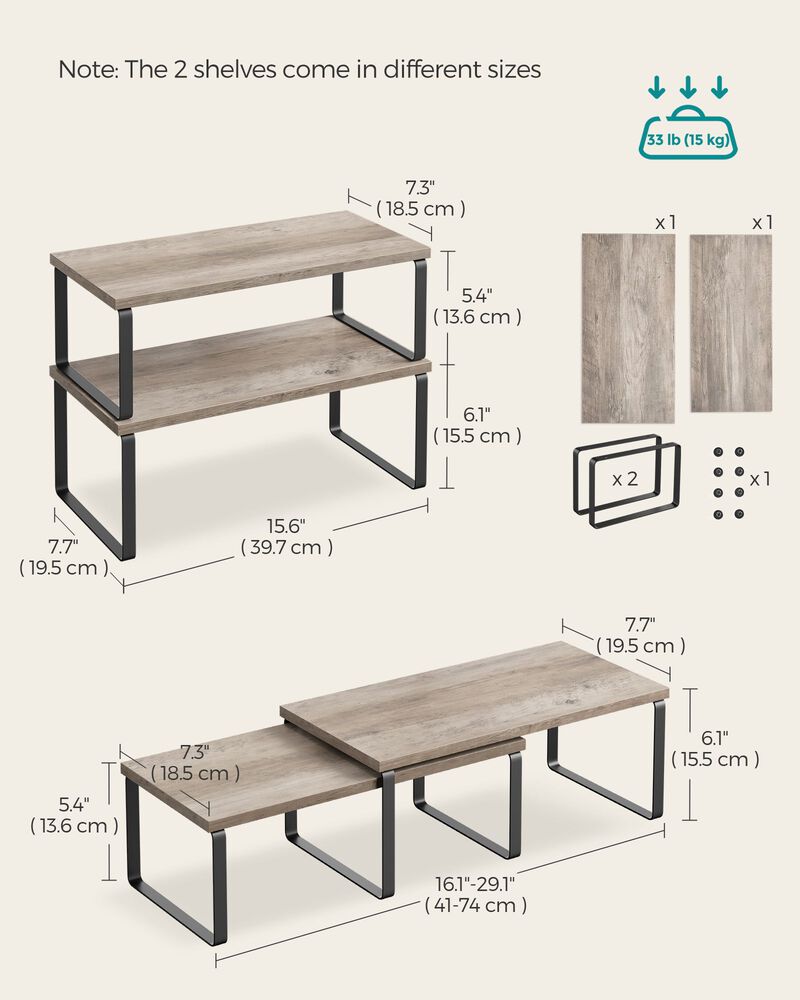 Set of 2 Cabinet Shelf Organizers Stackable, Expandable Metal and Bamboo Kitchen Counter Shelves