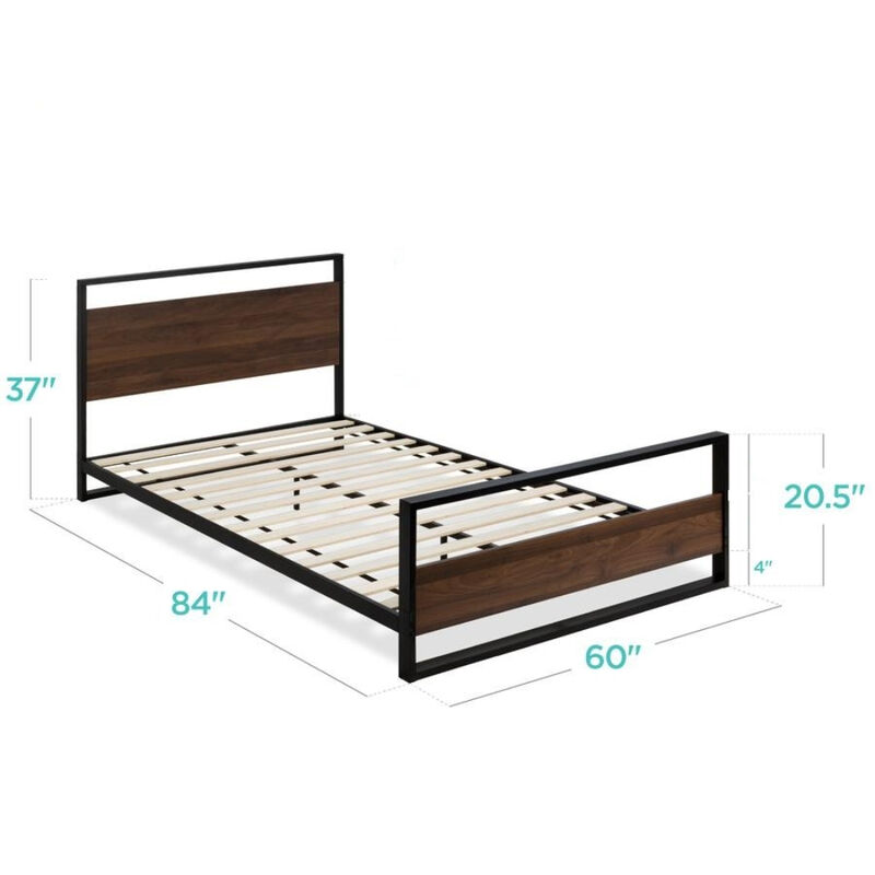 Modern FarmHome Platform Bed with Metal Frame and Wooden Slat Base