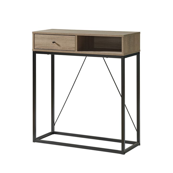 Bery 34 Inch Sideboard Console Table, 1 Cubby Shelf, 1 Drawer, Taupe, Black - Benzara