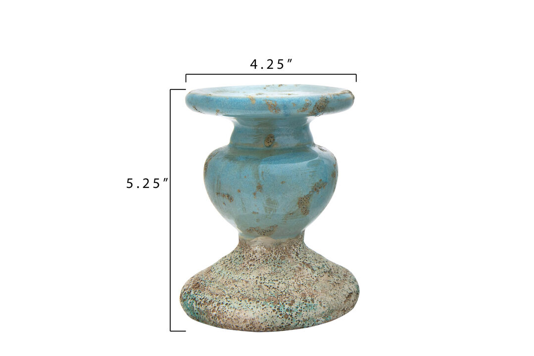 Small Distressed Round Terra-cotta Pillar Candleholder, Blue