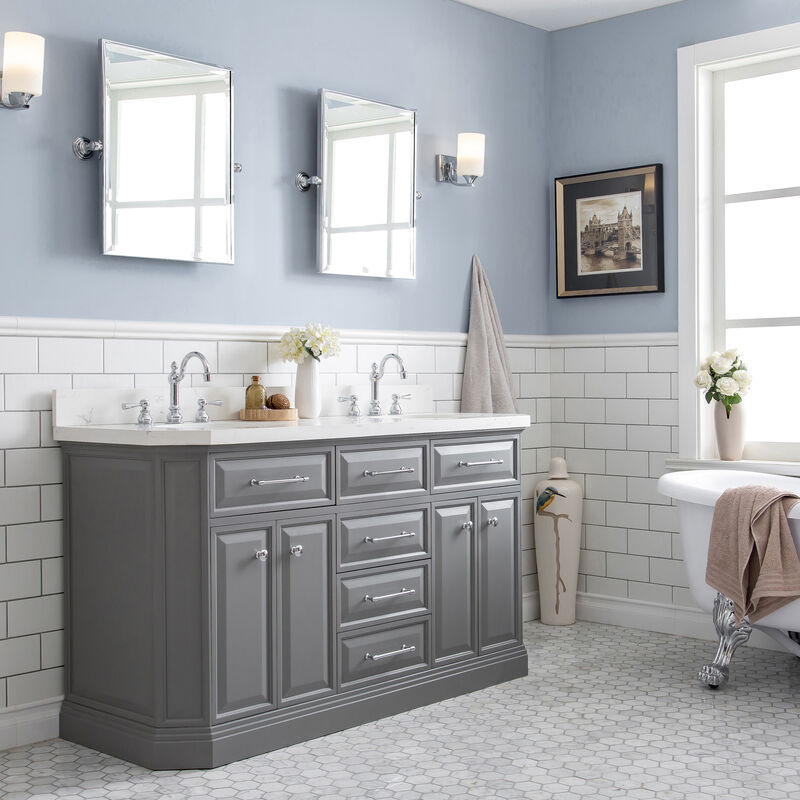 Palace 60 In. Double Sink Carrara Quartz Countertop Bath Vanity in Cashmere Grey with Chrome Hardware and Hook Faucets image number 2