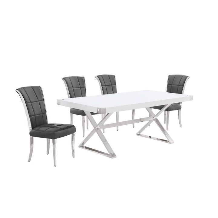 Best Quality Furniture 5pc Small(78) white wood top dining set with silver base and 4 chairs