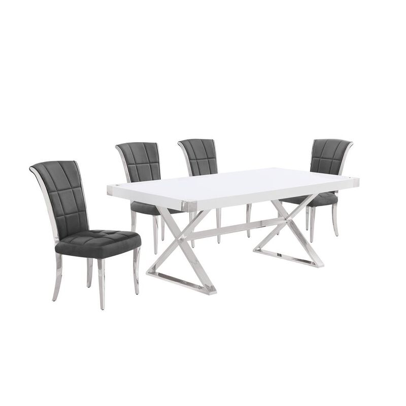 Best Quality Furniture 5pc Small(78) white wood top dining set with silver base and 4 chairs
