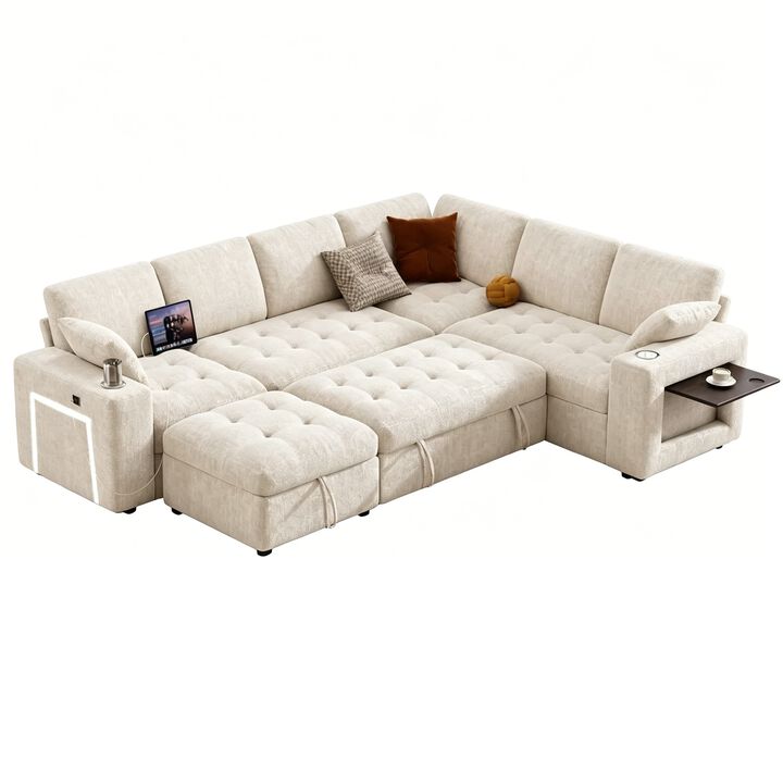 Vipbear 110" Modular Sectional Sleeper Sofa, Pull Out Bed, 7-Seat Chenille L-Shaped Couch, Storage