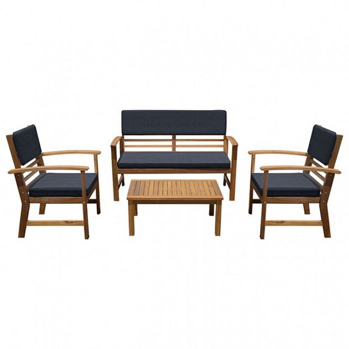 4 Piece Outdoor Patio Table, Loveseat, and Chairs Set, Blue, Brown Wood - Benzara