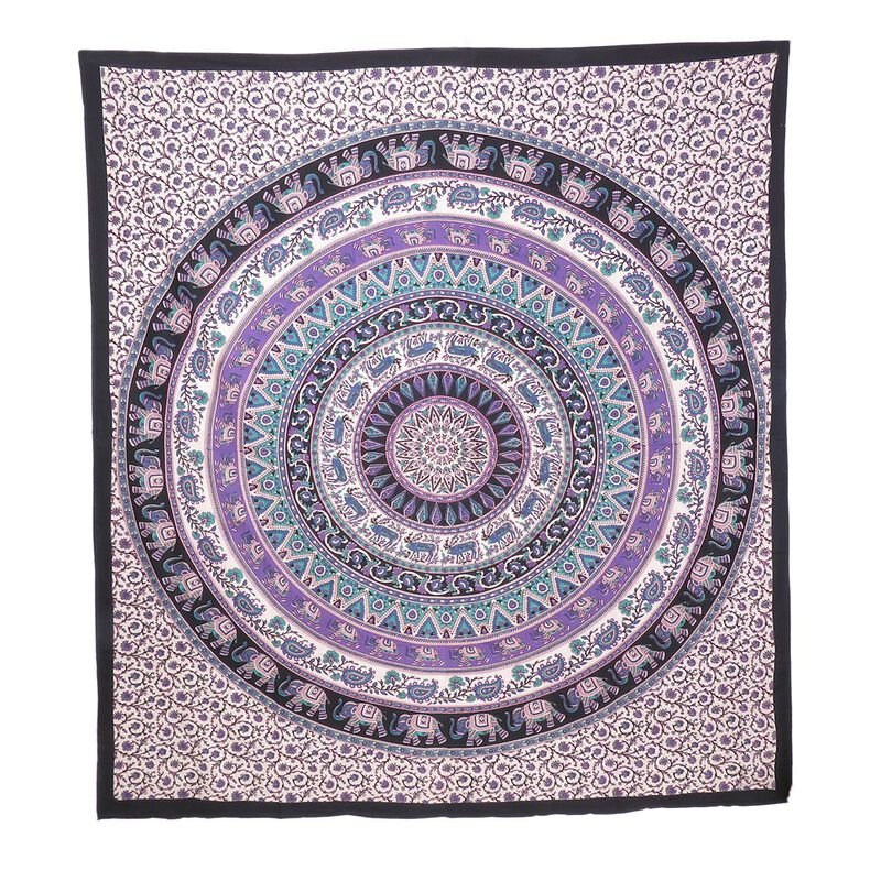 HomeRoots 92" X 84" Purple Black And White Mandala Cotton Hanging Tapestry image number 0