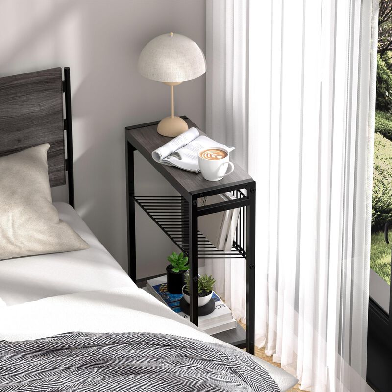 Small End Table Set of 2 for Small Space, 3-Tier Narrow Side Table with Magazine Holder,Small Nightstand, Skinny Snack Couch Tab