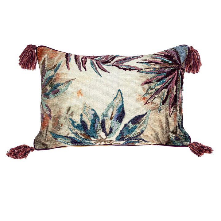 20" Blue and Beige Embroidered Floral Rectangular Throw Pillow
