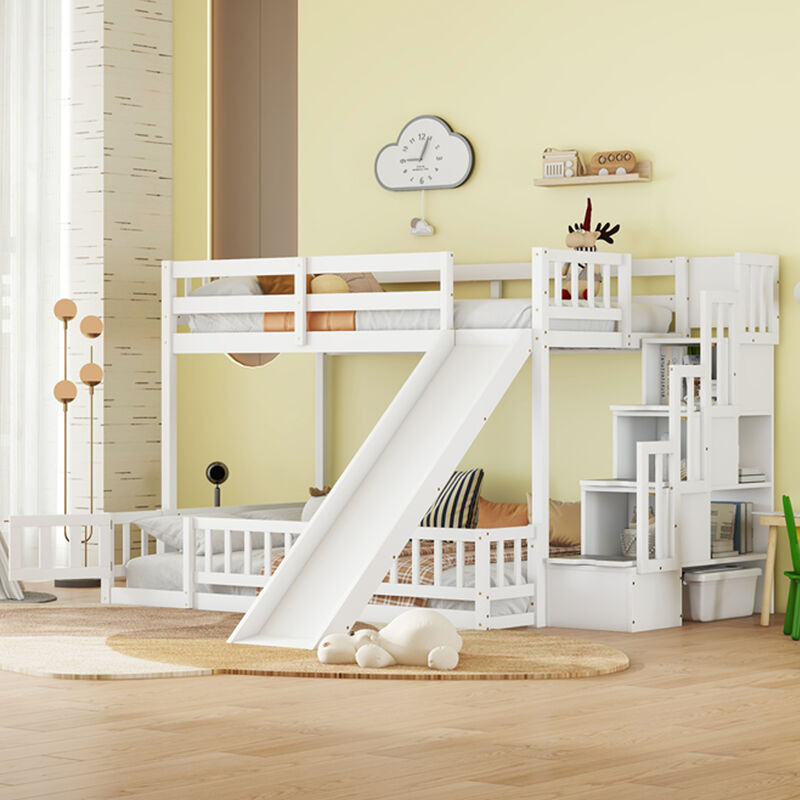 Whisen Twin Over Full Bunk Bed with Slide, Pine Solid Wood Frame and Integrated Storage Staircase image number 1