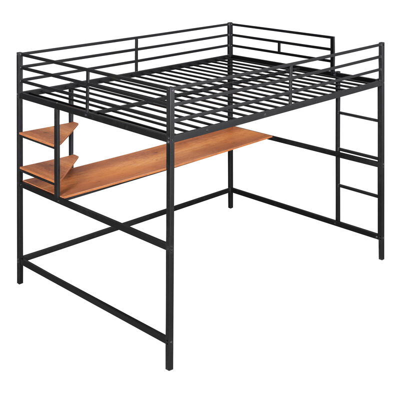 Whisen Full Metal Loft Bed with Desk and Shelve- Black 