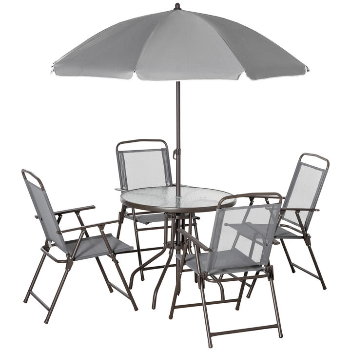 Outsunny 6 Piece Patio Dining Set for 4 with Umbrella, Outdoor Table and Chairs with 4 Folding Dining Chairs & Round Glass Table for Garden, Backyard and Poolside, Gray