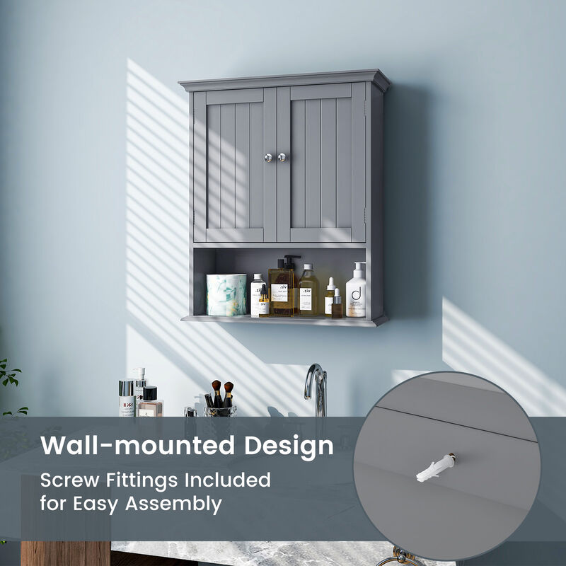 Wall Hanging Bathroom Cabinet with Enclosed Storage and Open Shelves