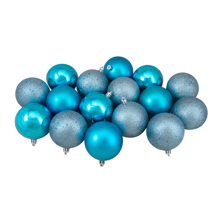 16ct Turquoise Blue Shatterproof 4-Finish Christmas Ball Ornaments 3" (75mm)