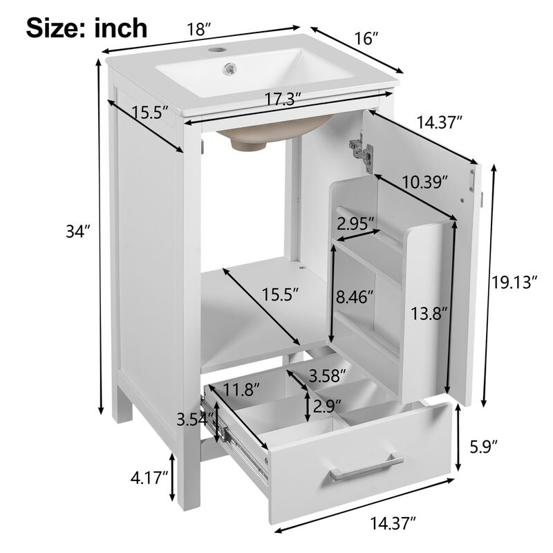 ELEMENT ACE Compact Bathroom Vanity with Integrated Ceramic Sink, Soft-Close Drawer & Door, Divider Drawer, Adjustable Foot Pads for Small Bathrooms image number 2