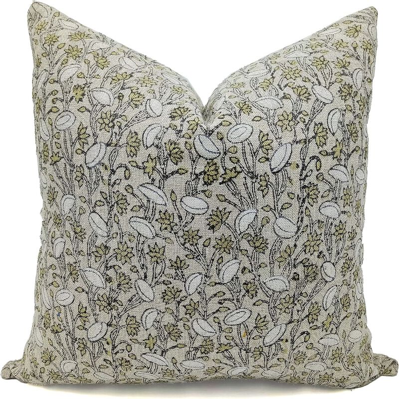 Fabdivine Eco-Friendly Linen Pillow Cover Handmade Boho Throw Cushioncase with Floral Handblock Print for Sofa, Couch, Bed, Pista image number 0