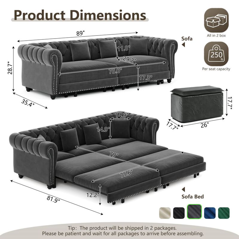 3-in-1 Pull-Out Sleeper Sofa, Velvet Chesterfield Sofa with Rolled Arms and Tufting, 89 Inch Convertible Sofa Bed with Ottoman image number 2