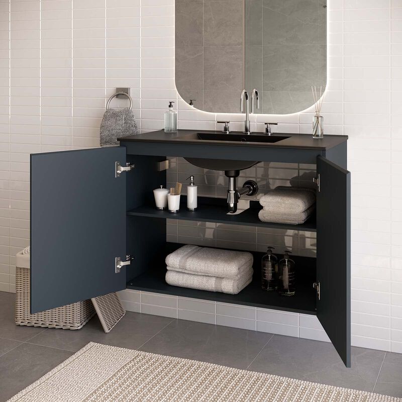 Modway Bryn 36" Modern Wood/Ceramic Wall-Mount Bathroom Vanity in Gray/Black image number 1