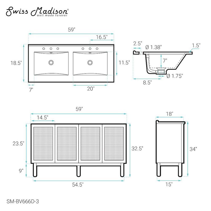 60" Freestanding Bathroom Vanity with 3-Hole Widespread Sink Top image number 4