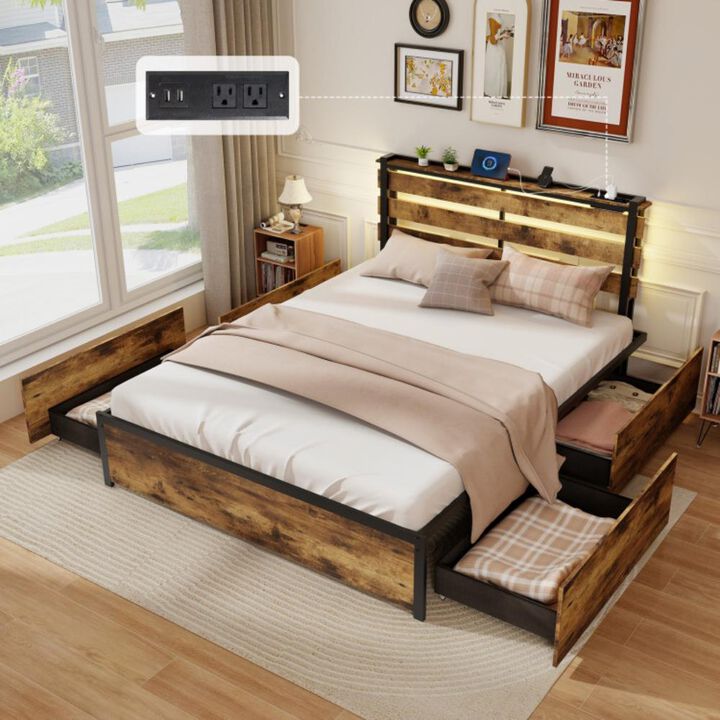Hivvago Bed Frame with Drawers LED Lights and USB Ports
