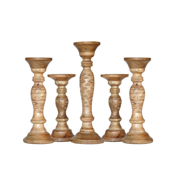 Traditional Wallnut Eco-friendly Handmade Mango Wood Set Of Five 9",12",15",12" & 9" Pillar Candle Holder BBH Homes