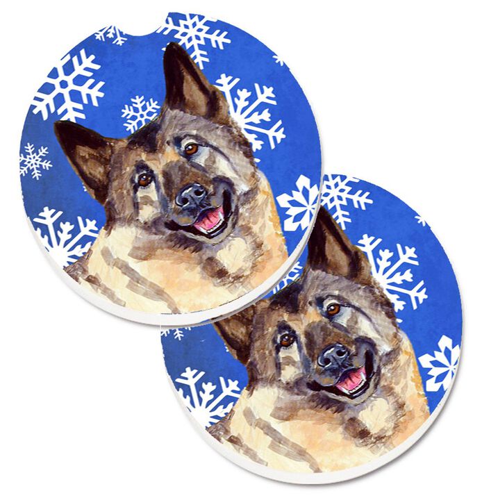 Caroline's Treasures Norwegian Elkhound Winter Snowflakes Holiday Set of 2 Cup Holder Car Coasters LH9308CARC, 2.56, Multicolor