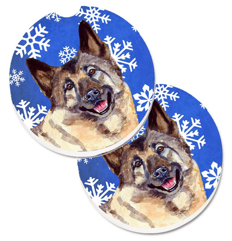 Caroline's Treasures Norwegian Elkhound Winter Snowflakes Holiday Set of 2 Cup Holder Car Coasters LH9308CARC, 2.56, Multicolor image number 0