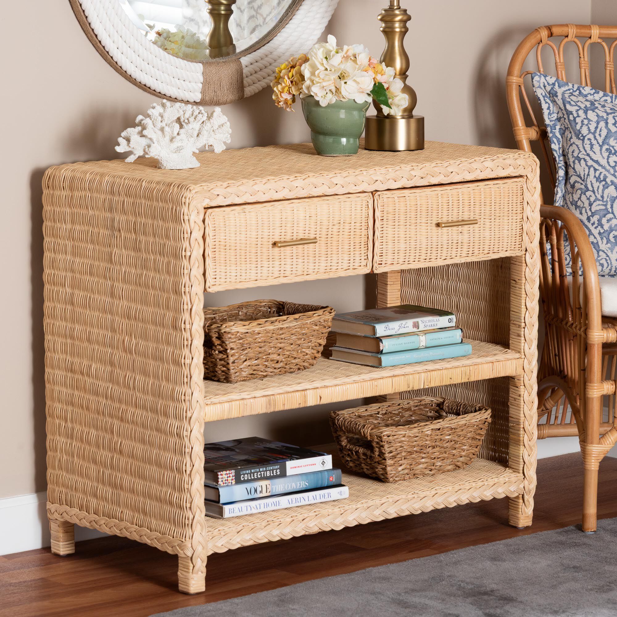 bali & pari Lanica Braided Natural Rattan Console Table with