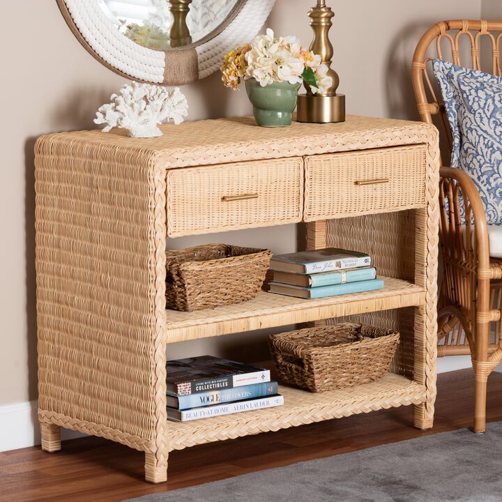 bali & pari Lanica Braided Natural Rattan Console Table with Drawers and Shelves – Coastal Style Storage Cabinet for Entryway, Living Room, or Bedroom, 35"