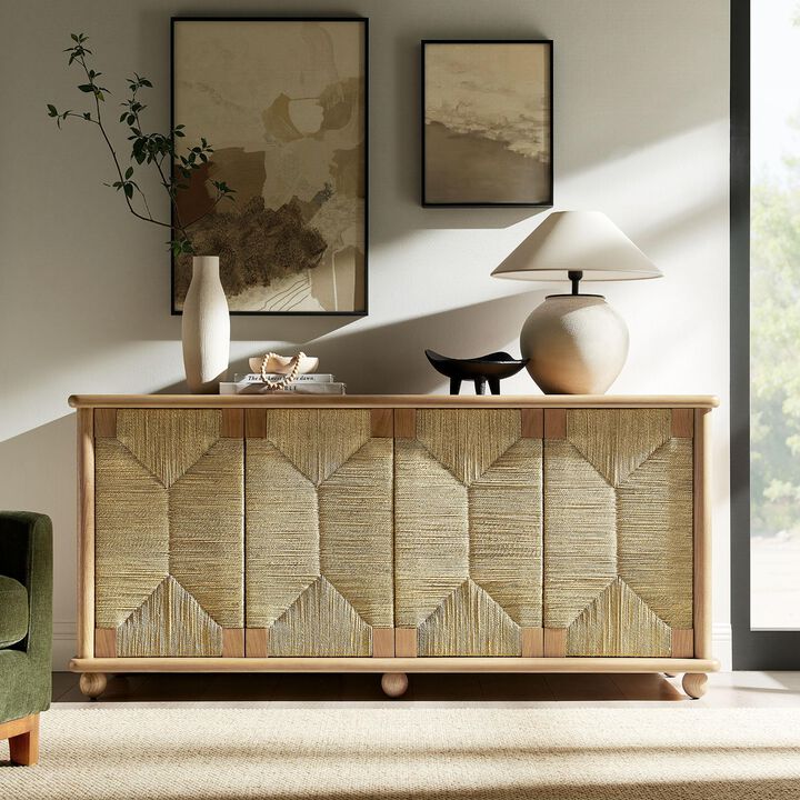 Marola 71 Inch Oak Wood Sideboard with 4 Seagrass Doors
