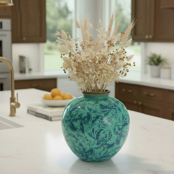 Round Decorative Terracotta Vase with Transferware Pattern, Aqua