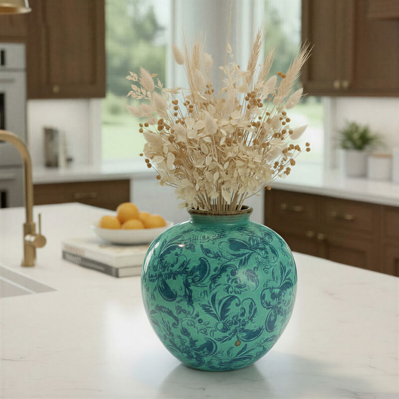 Round Decorative Terracotta Vase with Transferware Pattern, Aqua image number 1