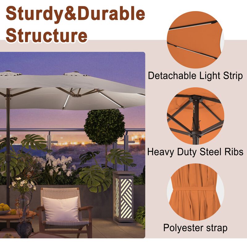 Mondawe 15 ft. Large Double-Sided Outdoor Twin Umbrella With Light Strip,Patio Market Umbrella with Crank and Base image number 3