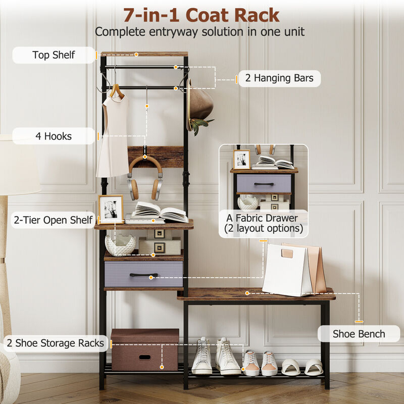 7-in-1 Entryway Organizer with Shoe Bench, Hooks and Storage Drawer image number 5