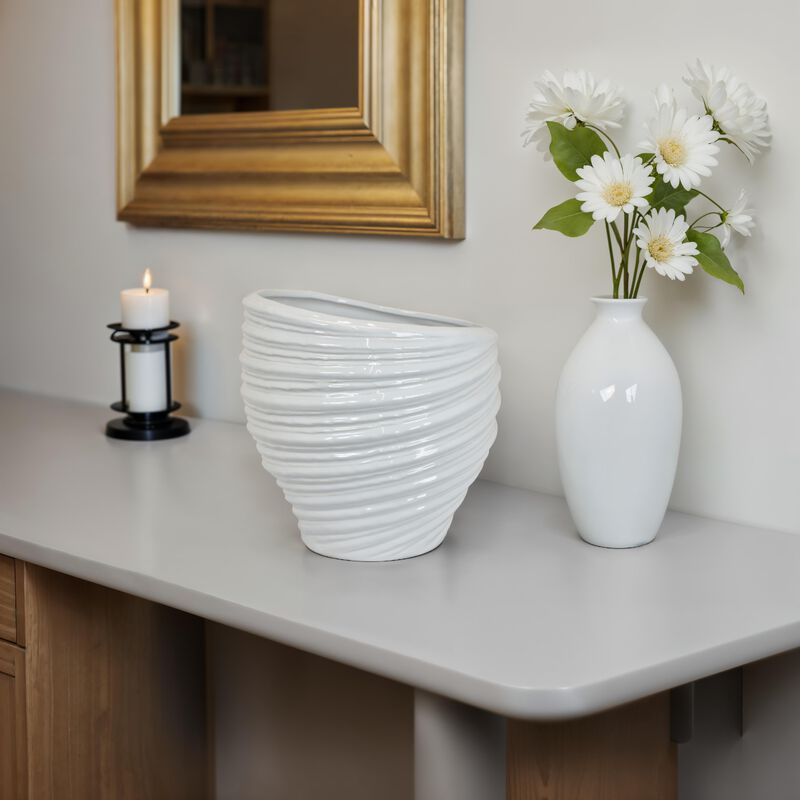 Avery Round Modern Vase, Spiral Turned Design, White Ceramic 17 Inch - Benzara