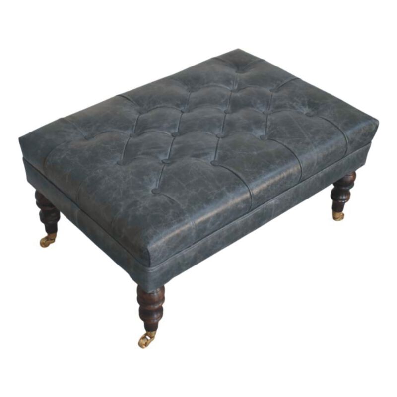 Artisan Furniture Solid Wood Leather Ottoman with Castor Legs
