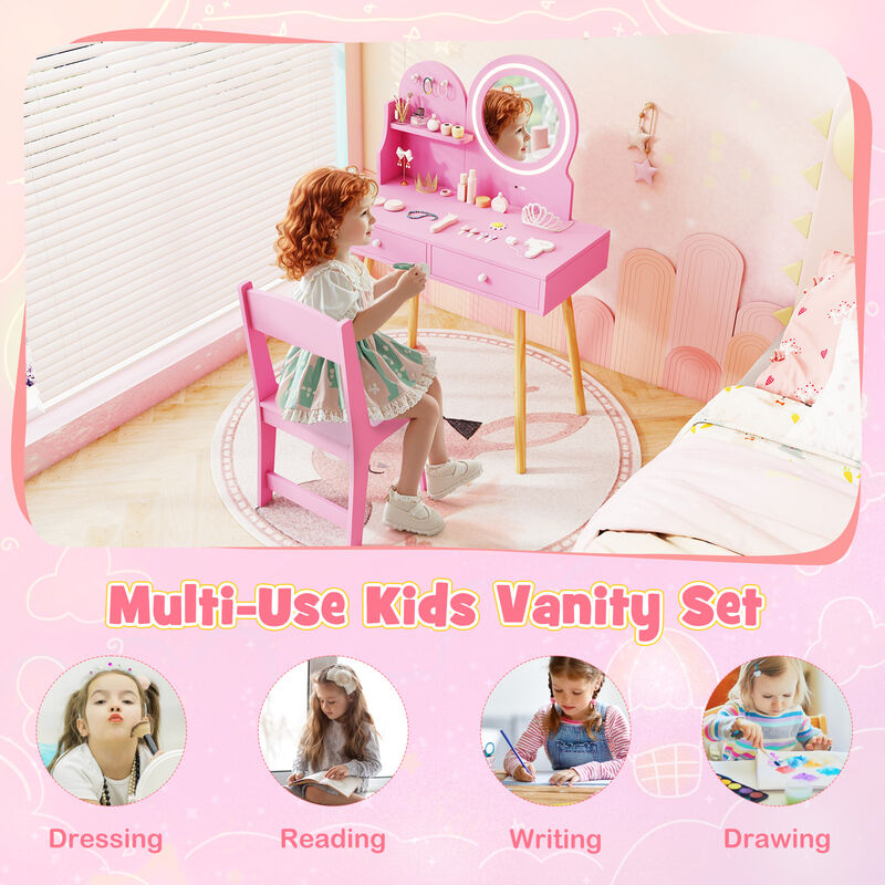 Kids Princess Dressing Table Set with Mirror Lights and Chair